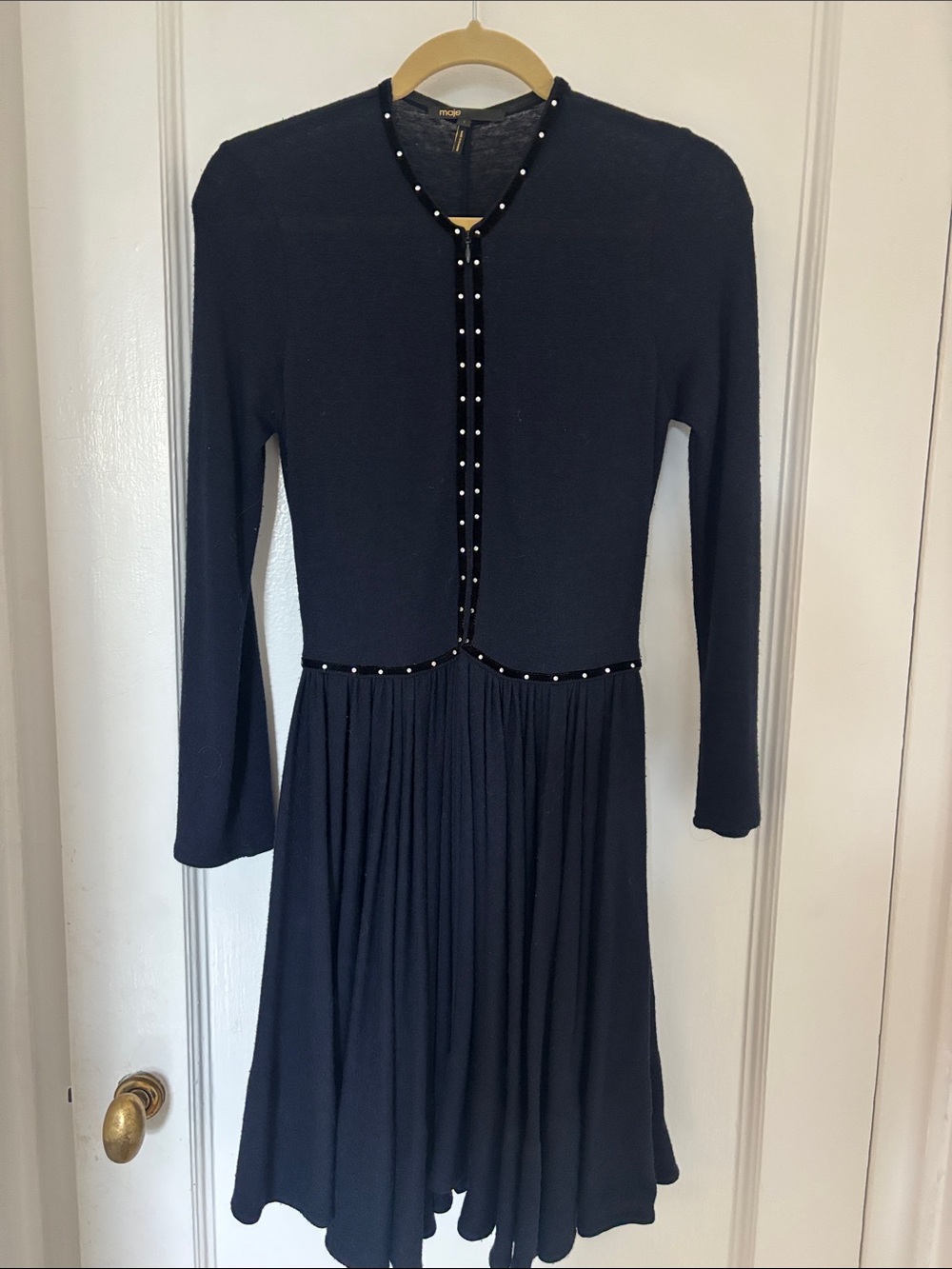 Maje Elegant Black Long-Sleeve Pleated Dress with Stud Trim